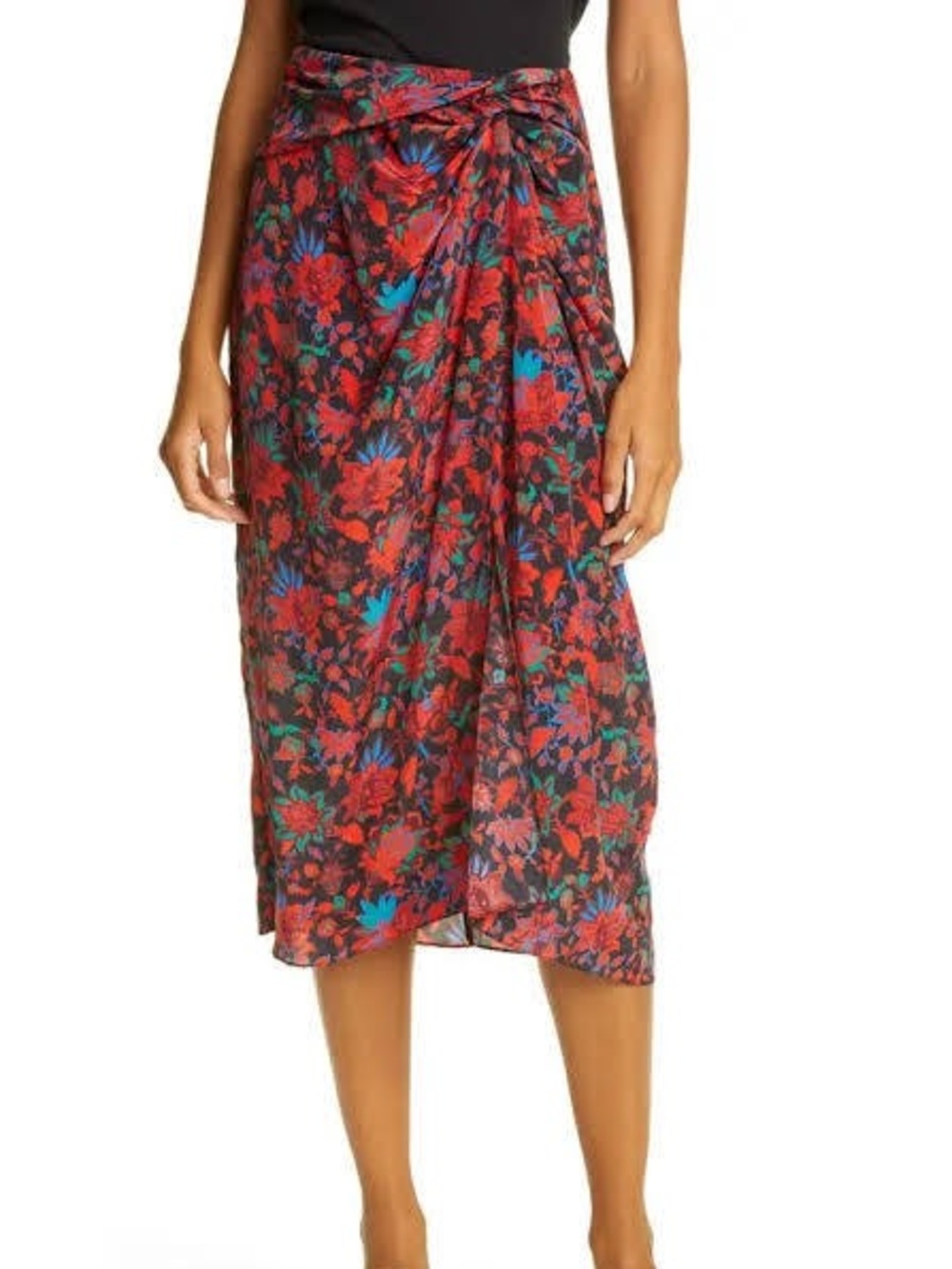 Rag & Bone Amber Silk Midi silk Skirt Red Floral Twist Front Size 4